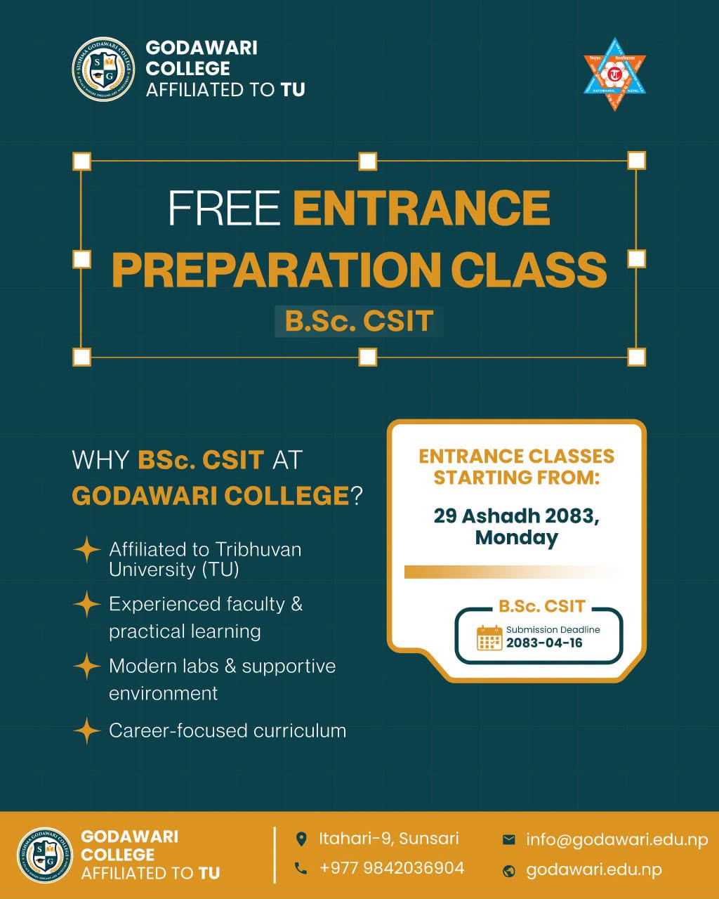 Join our FREE B.Sc. CSIT Entrance Preparation classes and get ready to ace your TU exams. Secure your future in tech today!